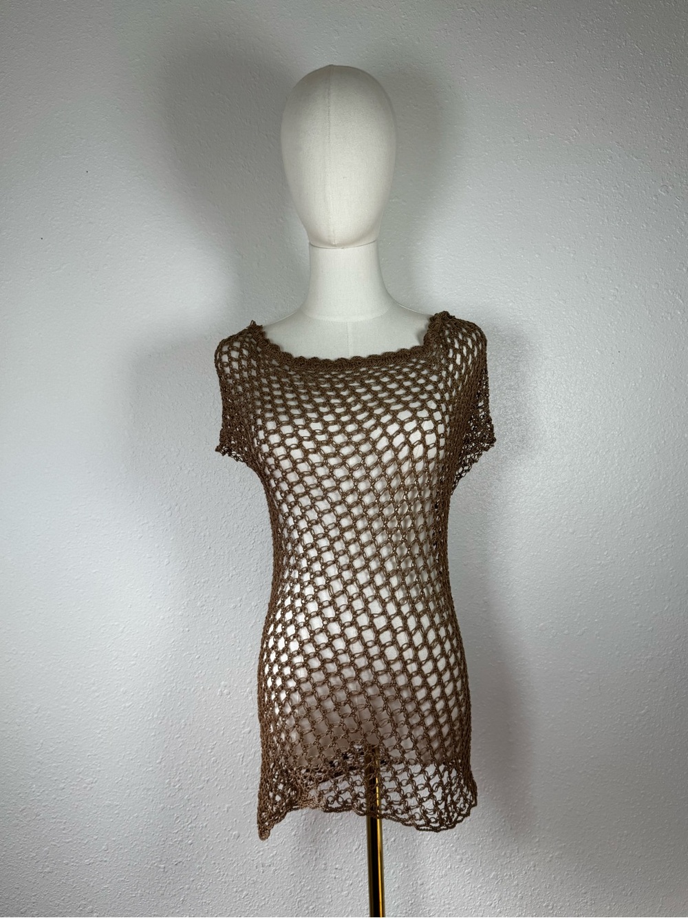 Taupe Open Knit Mesh Fishnet Crochet Mini Dress Tunic Cover Up Grunge Boho